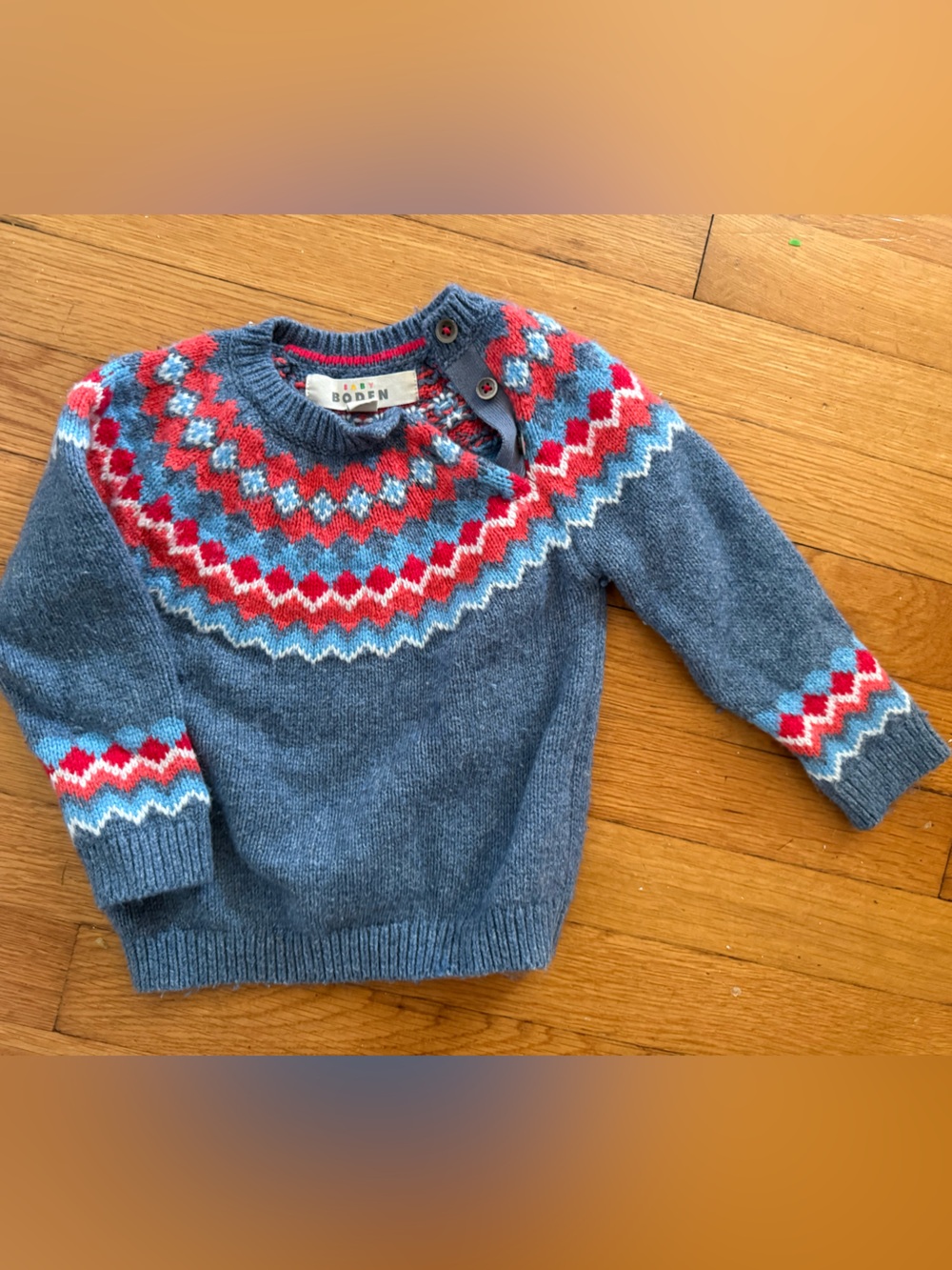 Baby Boden Blue Fair Isle Crewneck Sweater with Red and Light Blue Accents